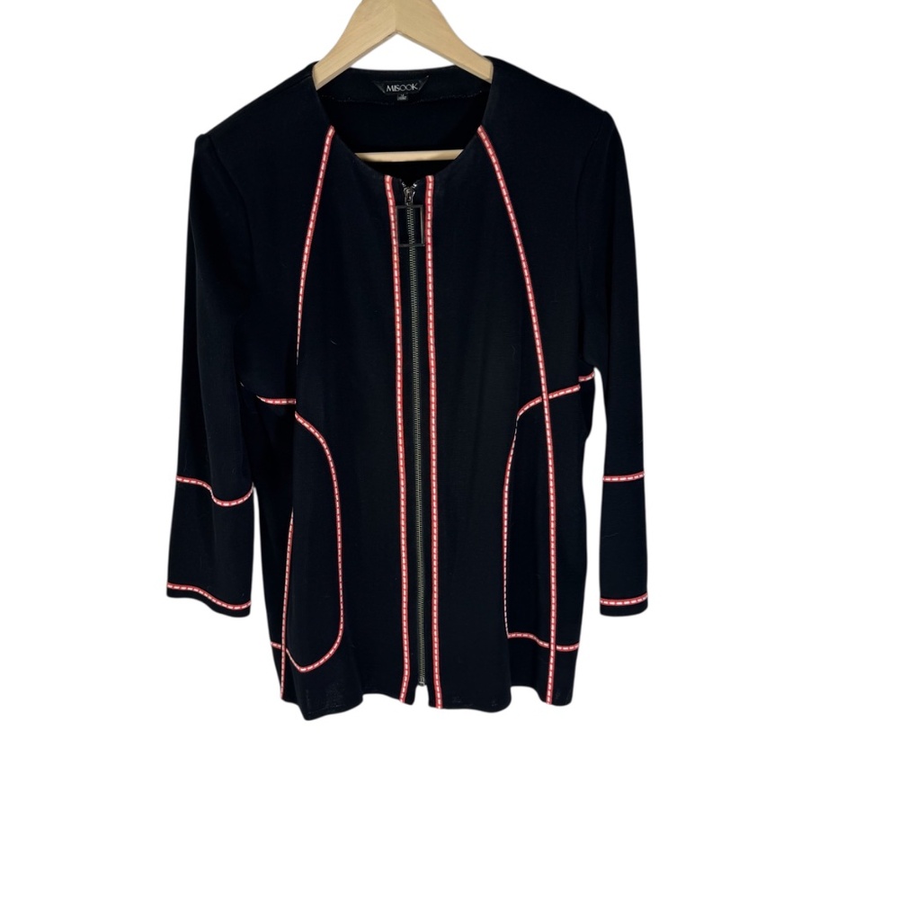 Misook Black Cardigan Piping Detail Front Zip Sz M